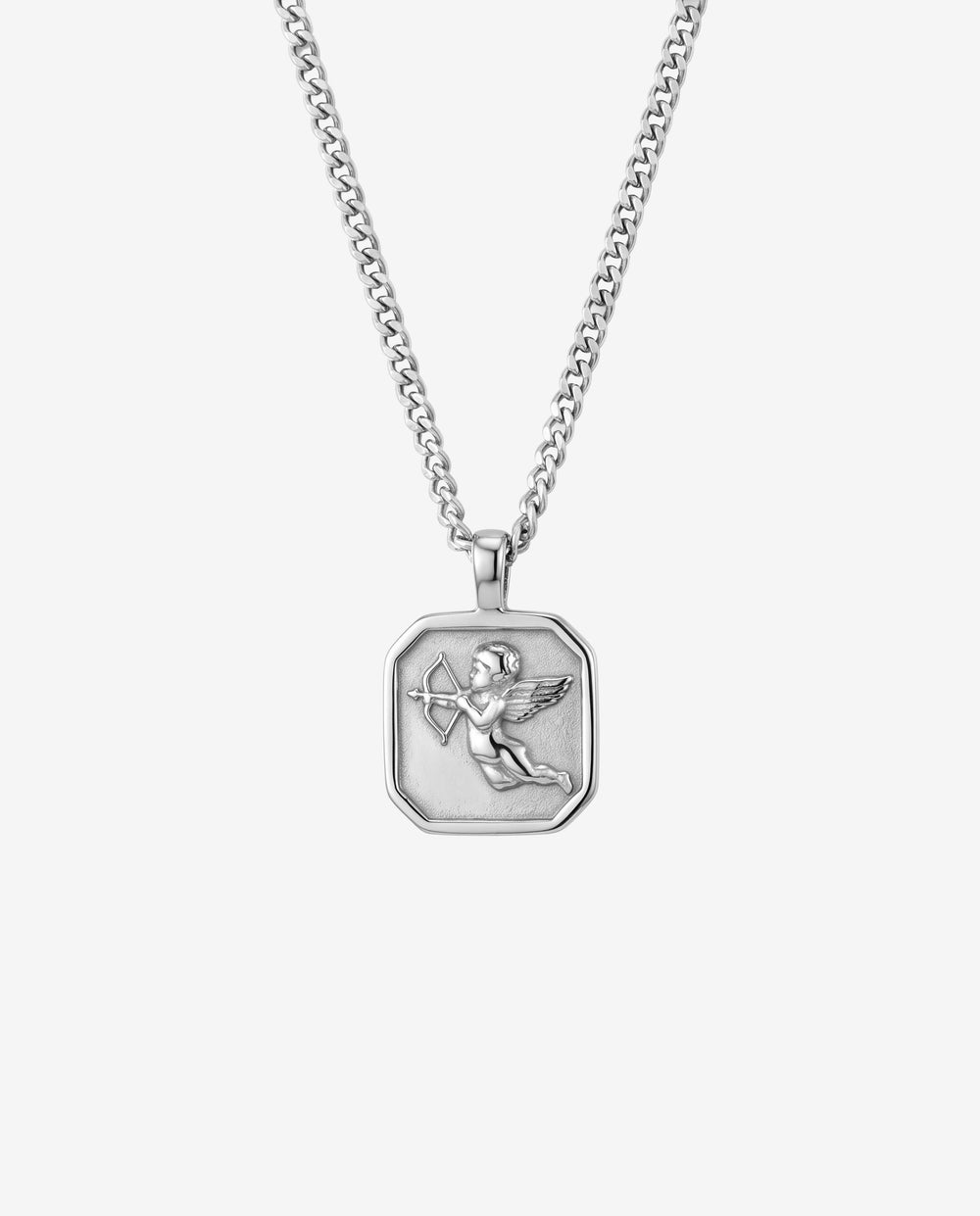 Savior silver necklace with a thick chain and octagonal pendant on a white background