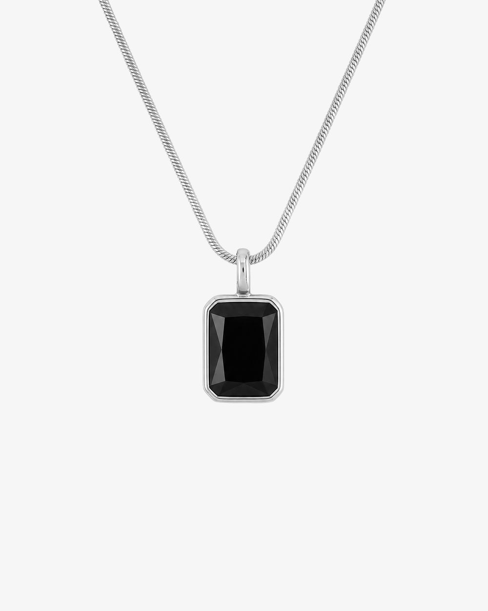 SOLSTICE SILVER NECKLACE silver chain with a large black rectangular gemstone pendant