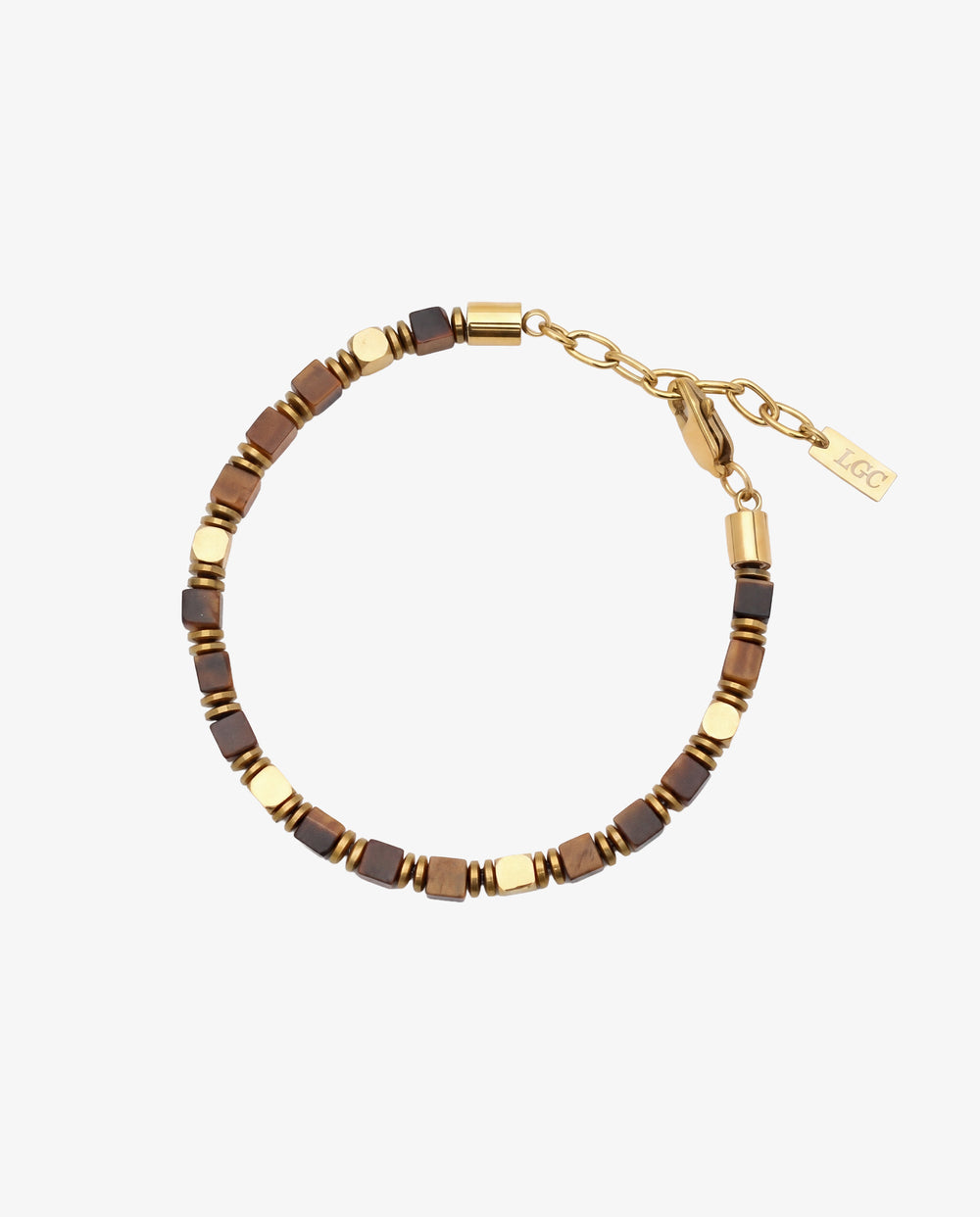 Stone bracelet featuring tiger eye and hematite beads in gold tones
