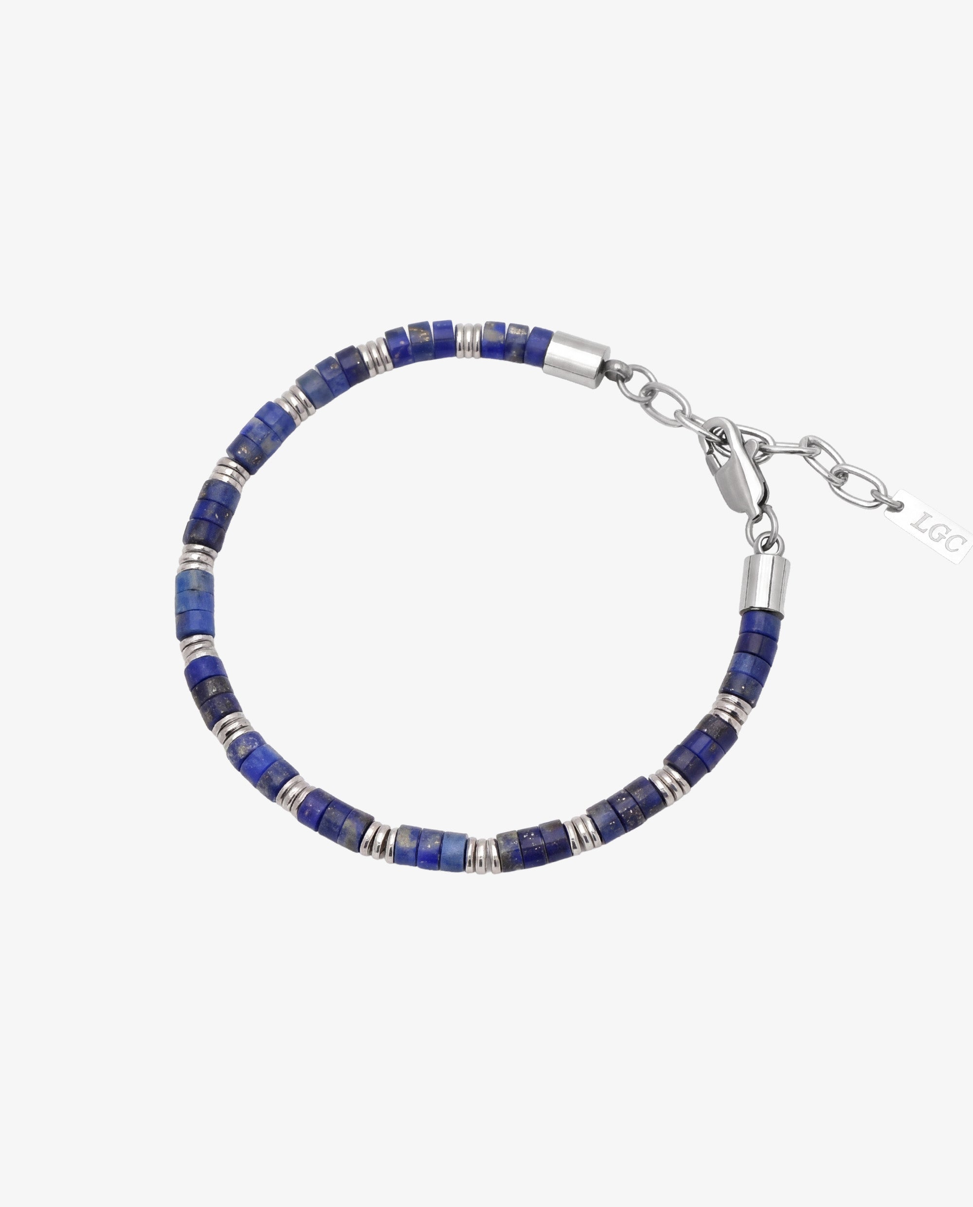 Lapis bead bracelet with blue stones, silver spacers, and a metal clasp