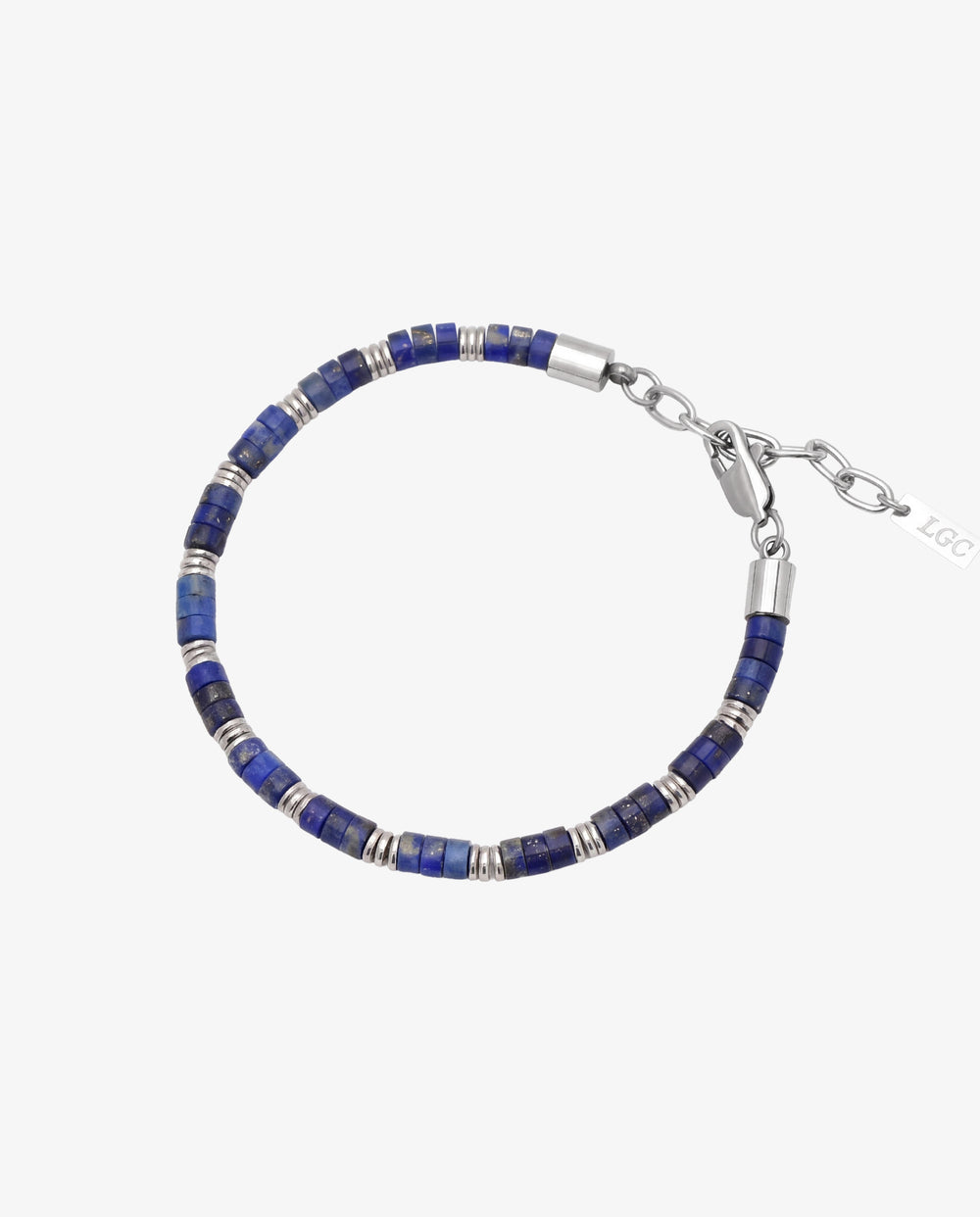 Lapis bead bracelet with blue stones, silver spacers, and a metal clasp