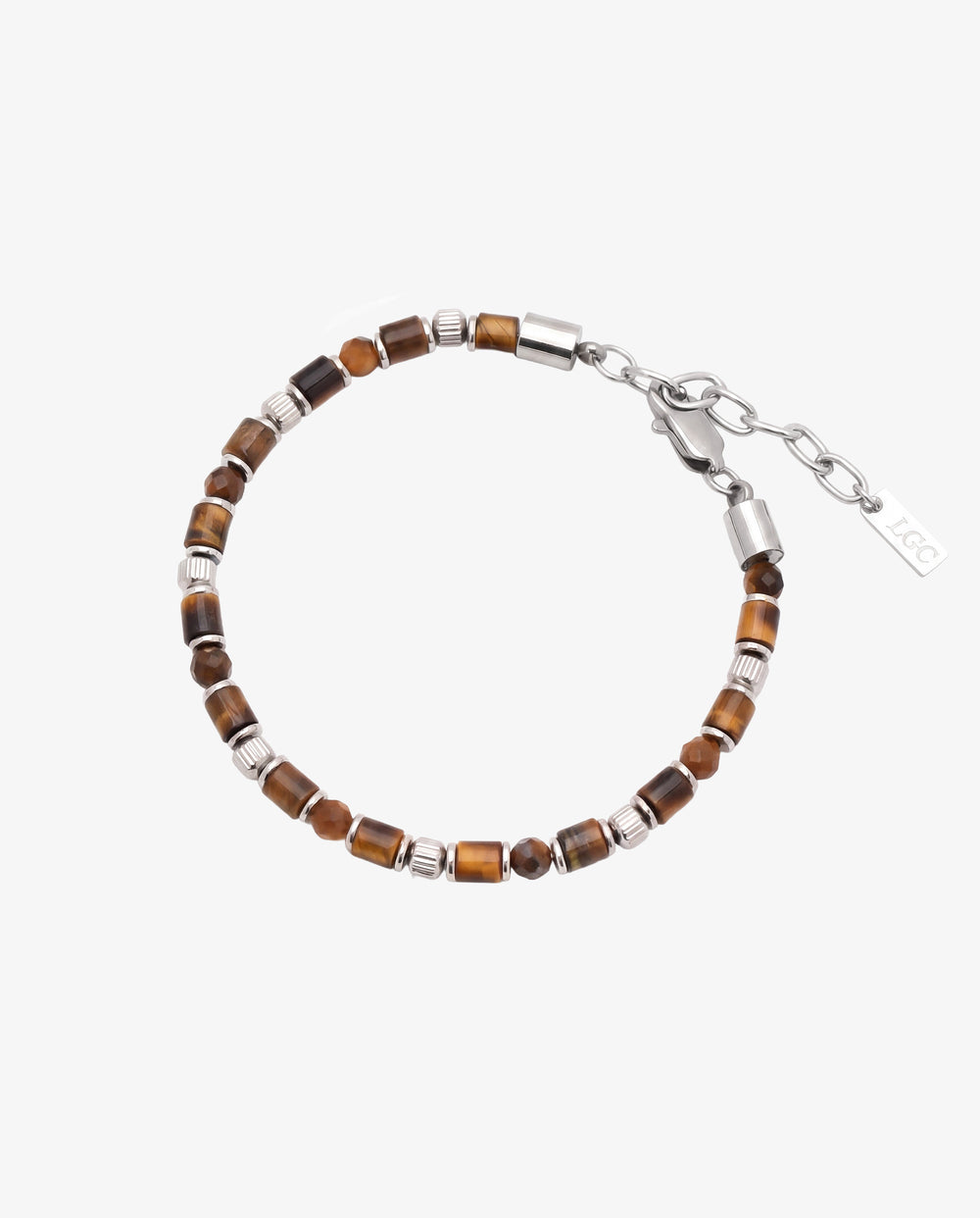 Tiger's Eye bead bracelet with silver spacers and a metal clasp on white background
