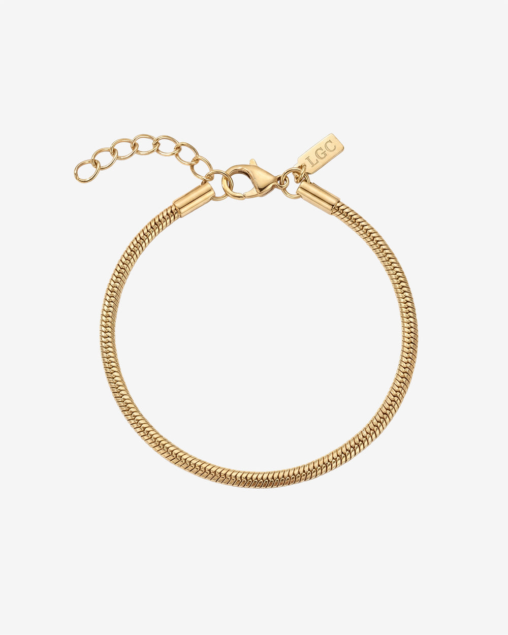 Sunset gold bracelet close up highlighting the textured snake chain and clasp