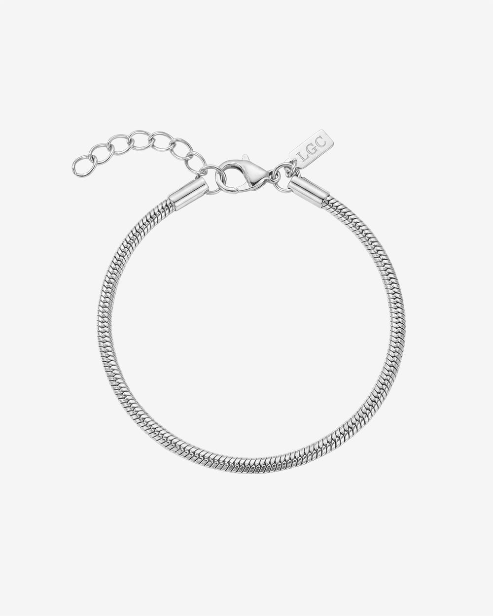 Close up of a silver Sunset bracelet showing adjustable chain and LGC tag