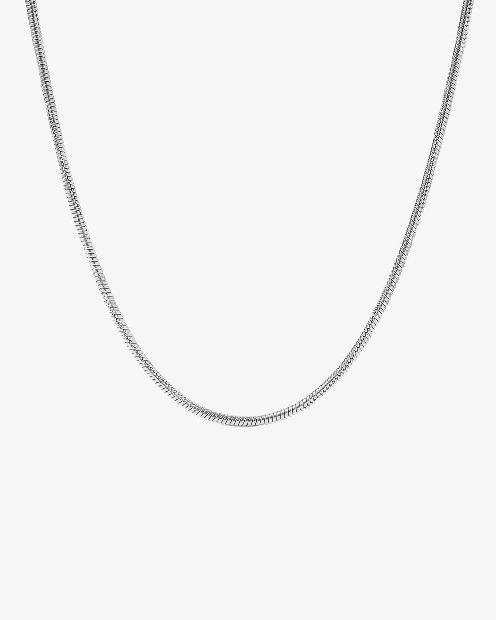 2 mm wide silver chain necklace shown against a white background