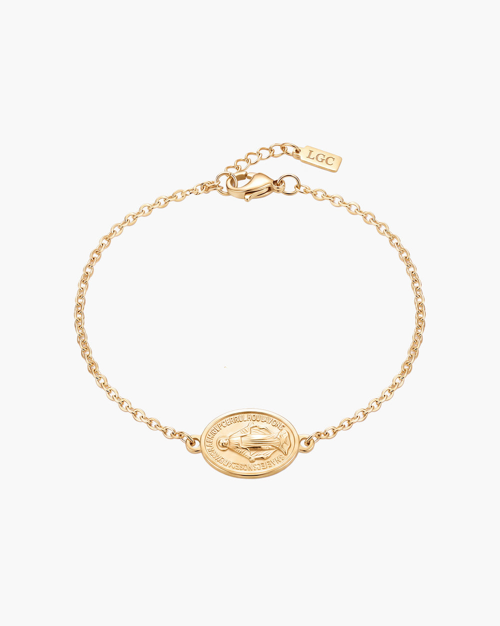 Gold chain bracelet with an oval Virgin Mary medallion.