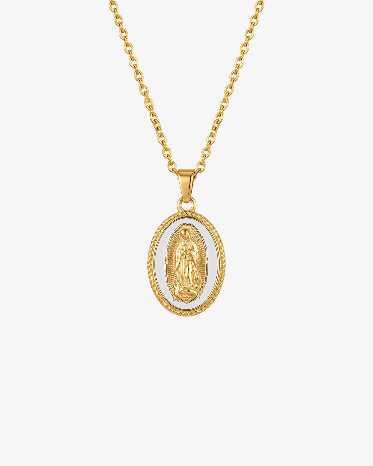 Goldkette mit ovalem Madonnen-Anhänger auf weißer Emaille.