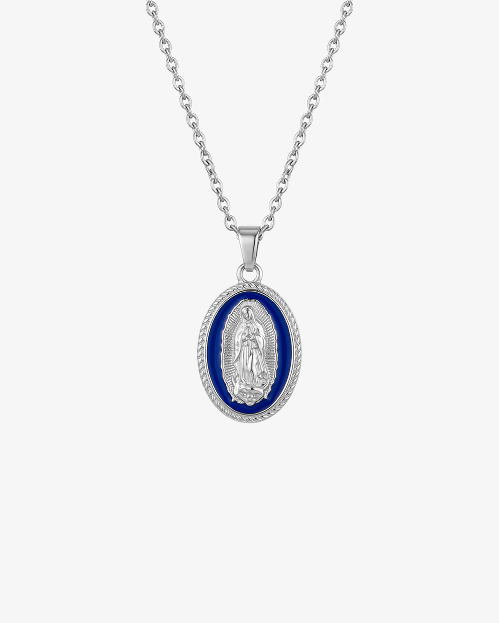 Silver tone Virgin Mary pendant necklace with blue enamel oval medallion