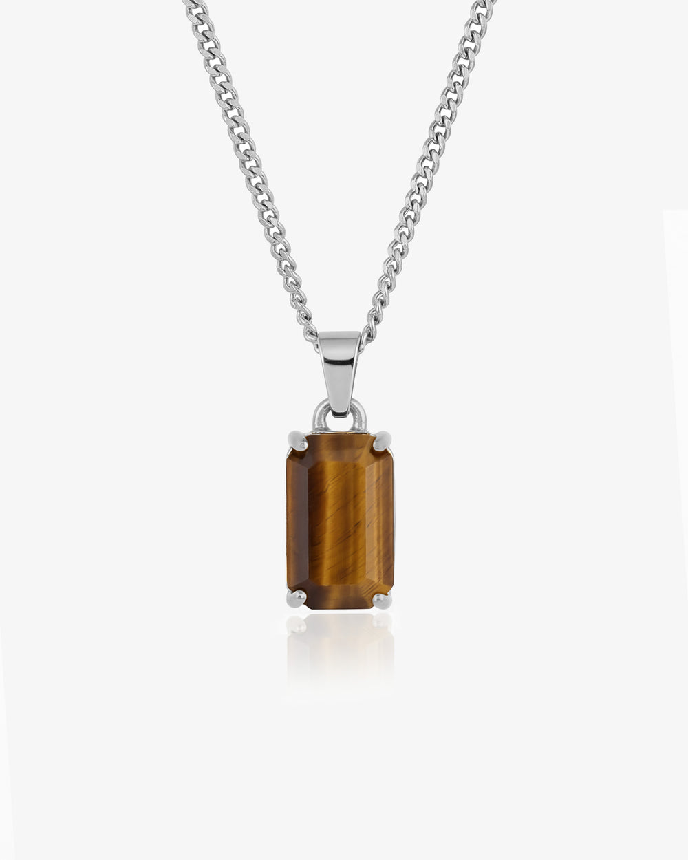 VOLT SILVER NECKLACE featuring a square tiger eye pendant on a bold silver chain