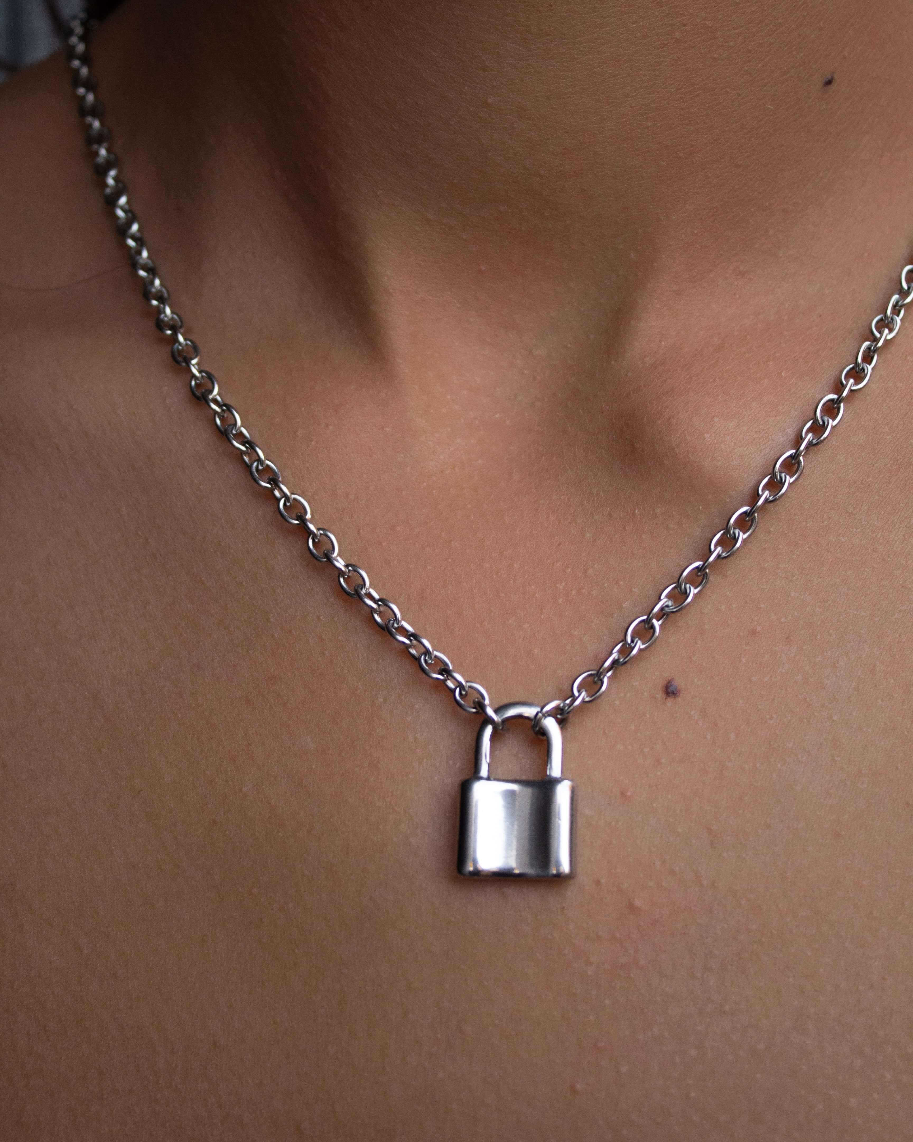 stainless steel silver padlock necklace